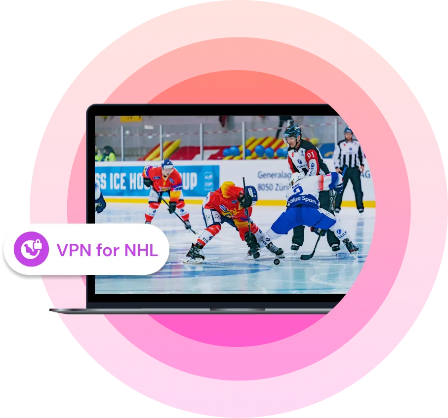 Laptop screen showing an NHL hockey game with players facing off on the ice, overlaid with a “VPN for NHL” label.